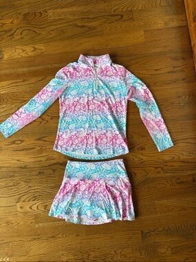 IBKUL Pink & Blue Floral Long-Sleeve Swim Top with Matching Skort